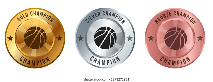 Basketball basket ball medal gold silver bronze round shape competition tournament winner medallion graphic set 