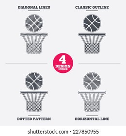 Basketball basket and ball sign icon. Sport symbol. Diagonal and horizontal lines, classic outline, dotted texture. Pattern design icons.  Vector