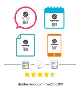 Basketball basket and ball sign icon. Sport symbol. Calendar, chat speech bubble and report linear icons. Star vote ranking. Vector