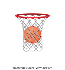 A basketball and a basketball basket. The ball is in the basketball basket. Sports equipment for playing basketball. Vector illustration.