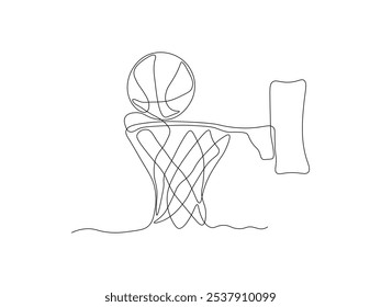 basketball and a basket, continuous single line art drawing sketch, logo