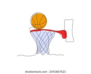 basketball and a basket, continuous single line art drawing sketch, logo