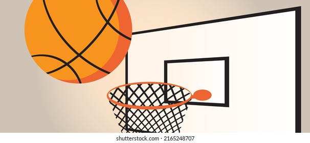 Basketball im Korb. Flache Vektorgrafik. Das Konzept des Sports, es gibt keine Menschen. Kugelflug