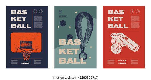 Basketball basket, medal, whistle. Collection of basketball designs in grunge style, sketch, engraving. Hand drawing. Sports print, cover, template, sports covers, basketball hoop.