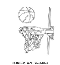 Basketball basket shot, hoop, game, Line art vector illustration.