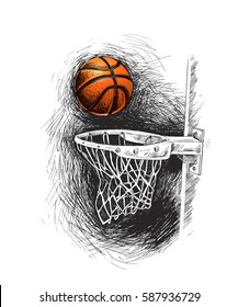 Basketball basket shot, hoop, game, Hand Drawn Sketch Vector illustration.