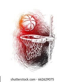 Basketball basket shot, hoop, game, Hand Drawn Sketch Vector illustration.