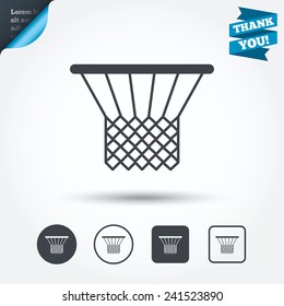 Basketball basket sign icon. Sport symbol. Circle and square buttons. Flat design set. Thank you ribbon. Vector