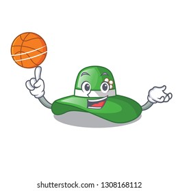 With basketball beach hat above wooden cartoon table