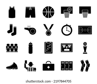 Basketball black icon set. Ball, hoop, shoes, score board vector illustration. Suitable for website, poster, banner, or video editing needs