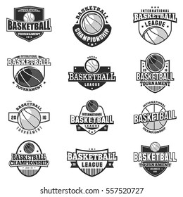 Basketball black monochrome badges set. Retro collection of monochrome basketball design elements, logo and emblems. Vector illustration.