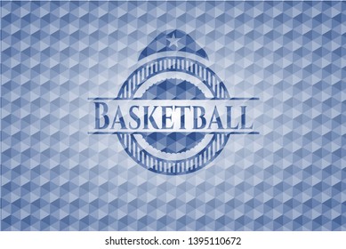 Basketball blue emblem or badge with abstract geometric polygonal pattern background. Vector Illustration. Detailed.