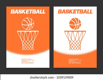 Basketball brochure or web banner design with ball and hoop icon. Vector illustration