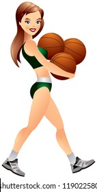 Basketball brunette cheerleader leisure activity fitness girl holding 3 basketballs vector illustration