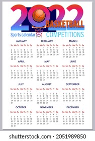 Basketball calendar 2022. Vector template, design with week start on Sunday. Vertical template.