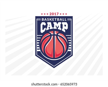 Basketball Camp Logo, Emblem, Designs With Basketball Ball And Shield On A Light Background