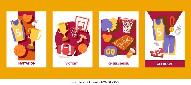 Basketball cards vector illustration. Invitation. Victory. Cheerleader. Get ready. Uniform, trophy, medal, T-shirt shorts bag basket ball stopwatch, pom, whistle For banner poster invitation