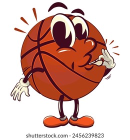 Basketball cartoon mascot blowing a whistle, illustration character vector clip art work of hand drawn