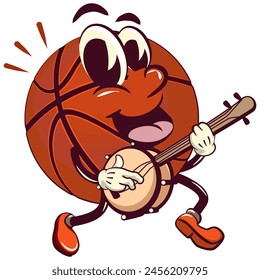 Basketball cartoon mascot playing a banjo musical instrument, illustration character vector clip art work of hand drawn