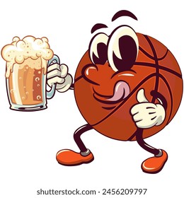 Basketball cartoon mascot raising a large beer glass while giving a thumbs up, illustration character vector clip art work of hand drawn