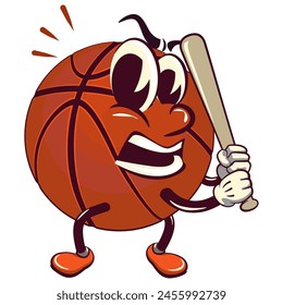 Basketball cartoon mascot ready to hit with a baseball bat, illustration character vector clip art work of hand drawn