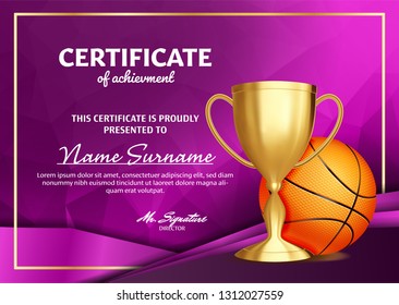 Basketball Certificate Diploma With Golden Cup Vector. Sport Award Template. Achievement Design. Honor Background. A4 Horizontal. Illustration