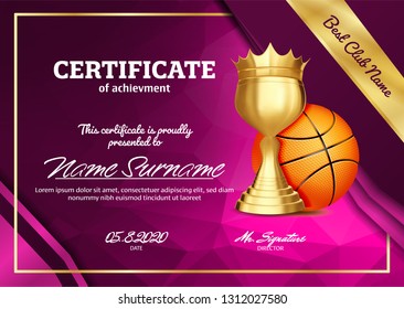 Basketball Certificate Diploma With Golden Cup Vector. Sport Graduation. Elegant Document. Luxury Paper. A4 Horizontal. Championship Illustration