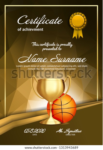 Basketball Certificate Diploma Golden Cup Vector Stock Vector (Royalty ...