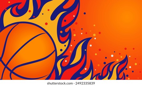 Basketball championship background design with sport ball in fire. Vector illustration flying basketball ball with red flame trails. Falling ball with long tongues