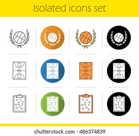 Basketball championship icons set. Flat design, linear, black and color styles. Ball in laurel wreath, court, clipboard game plan. Isolated vector illustrations