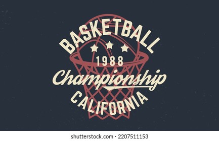 Basketball championship logo. Basketball print. Trendy retro logo. Vintage poster with text and ball silhouette. Template. Vector Illustration