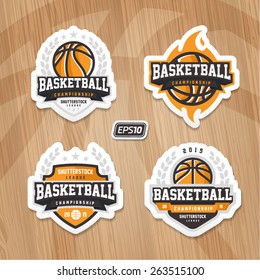 Basketball Championship Logo Set On Wooden Texture