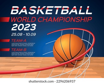 Basketball championship poster. Realistic ball is in net, sports tournament, invitation banner, international event, score goal in basket, copy space, 3d isolated element utter vector concept