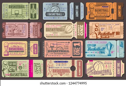 Basketball Championship Retro Admission Tickets. Sport Item And Sportsman In Uniform Throwing Ball Into Basket, Gold Cup And Score, Arena Stadium. World Sporting Tournament Vintage Admit Tickets