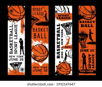 Basketball Championship, Streetball League Tournament Grungy Posters. Basketball Player Doing Slam Dunk, Throwing Ball In To Hoop Vector. Sport Ball Game Team Competition Banners With Paint Splatters