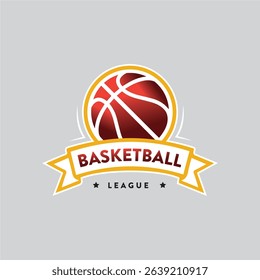 Basketball championship vector logo, orange blue elegant colorful basket ball team logo with stars and badge