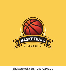 Basketball championship vector logo, orange blue elegant colorful basket ball team logo with stars and badge