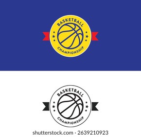 Basketball championship vector logo, orange blue elegant colorful basket ball team logo with stars and badge