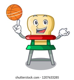 With basketball character baby eat on highchair indoors