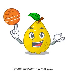 With basketball character ripe quince fruit with leaf