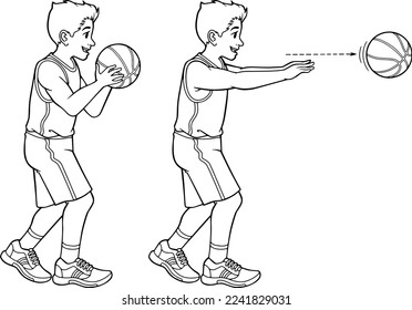 Basketball Chest Pass línea vector ilustración aislada en fondo blanco