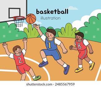 Basketball children classmates defense dunk net illustration