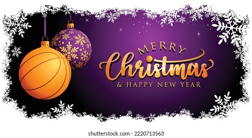 Basketball Christmas balls - Snow frame - Greeting Card - Purple Background. Merry Christmas and Happy New Year text