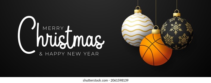 basketball Christmas card. Merry Christmas sport greeting card. Hang on a thread basketball ball as a xmas ball and golden bauble on black horizontal background. Sport Vector illustration.