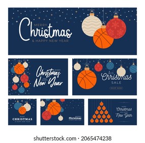 basketball Christmas card set. Merry Christmas sport flat greeting card. Hang on a thread basketball ball as a xmas ball and color bauble on blue background. Sport Vector illustration collection.