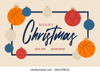 Basketball christmas greeting card. Merry Christmas and Happy New Year flat cartoon Sports banner. basketball ball as a xmas ball on background. Vector illustration.