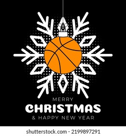 basketball christmas greeting card. Merry Christmas and Happy New Year outline style flat cartoon Sports banner. basketball ball as a xmas ball on black background. Vector illustration..