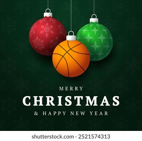 basketball Christmas Greeting card. Merry Christmas and happy new year sport greeting card. Hang on a thread green and red xmas ball bauble on green on background. Sport Vector illustration.