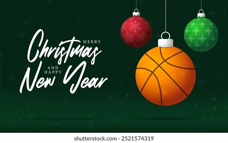 basketball Christmas Greeting card. Merry Christmas and happy new year sport greeting card. Hang on a thread green and red xmas ball bauble on green on background. Sport Vector illustration.