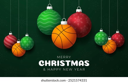 basketball Christmas Greeting card. Merry Christmas and happy new year sport greeting card. Hang on a thread green and red xmas ball bauble on green on background. Sport Vector illustration.
